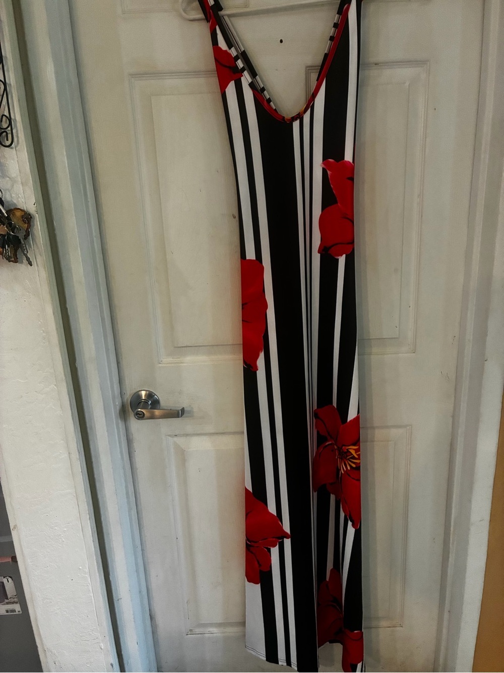 Floral Printed bodycon dress with a bold black, red & white striped pattern